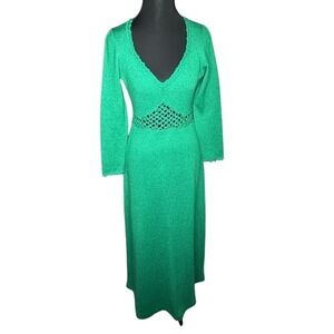 70s Vintage Dolphin California Emerald Green Crochet Waist Long Dress Boho